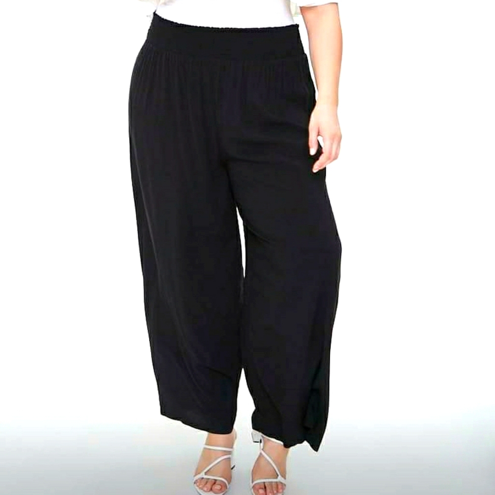 Plus Size Black Smocked Waist Wide Leg Pants 3X